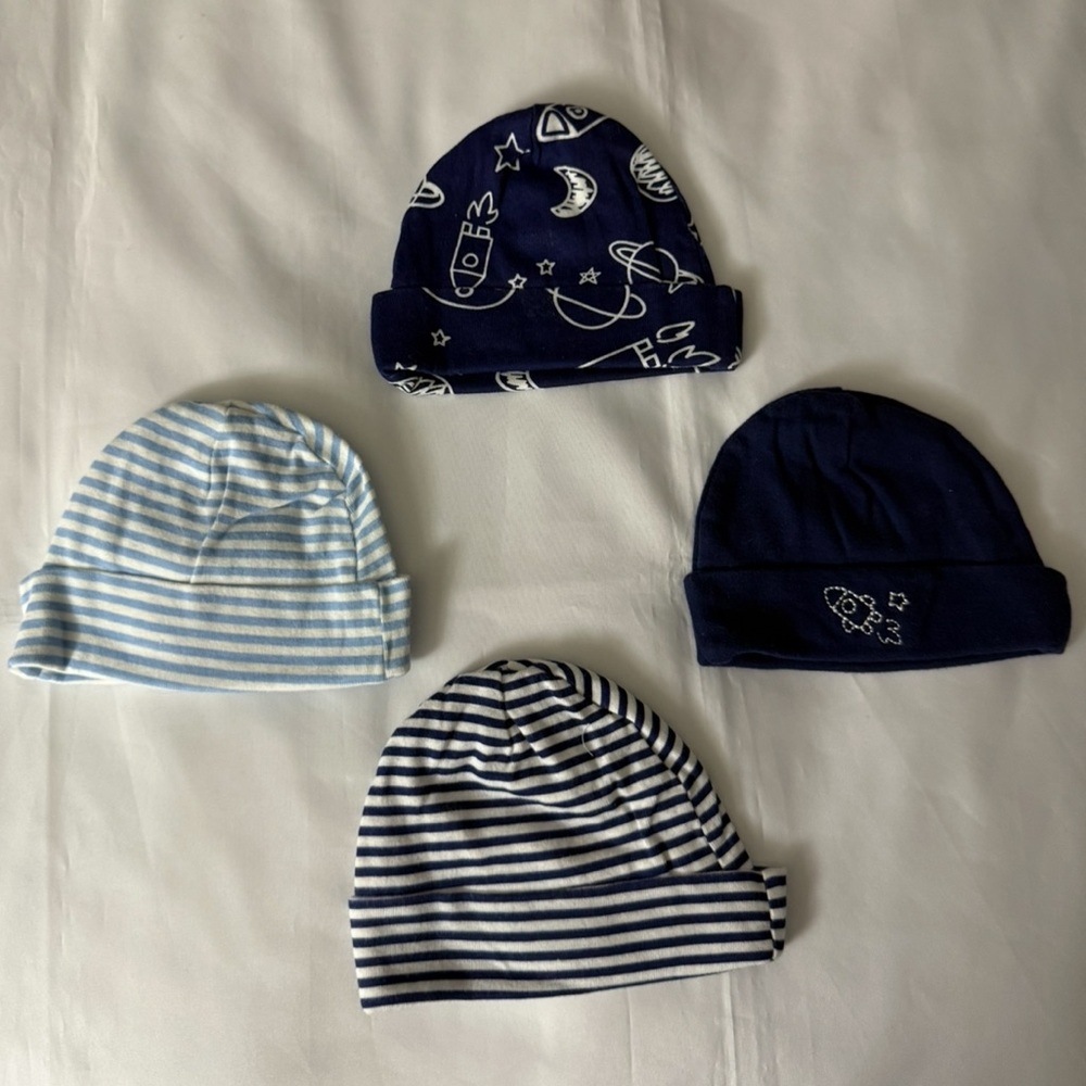 Gerber Baby 4pc Hat Bundle - 0-6 Months Blue & White Themed Beanies